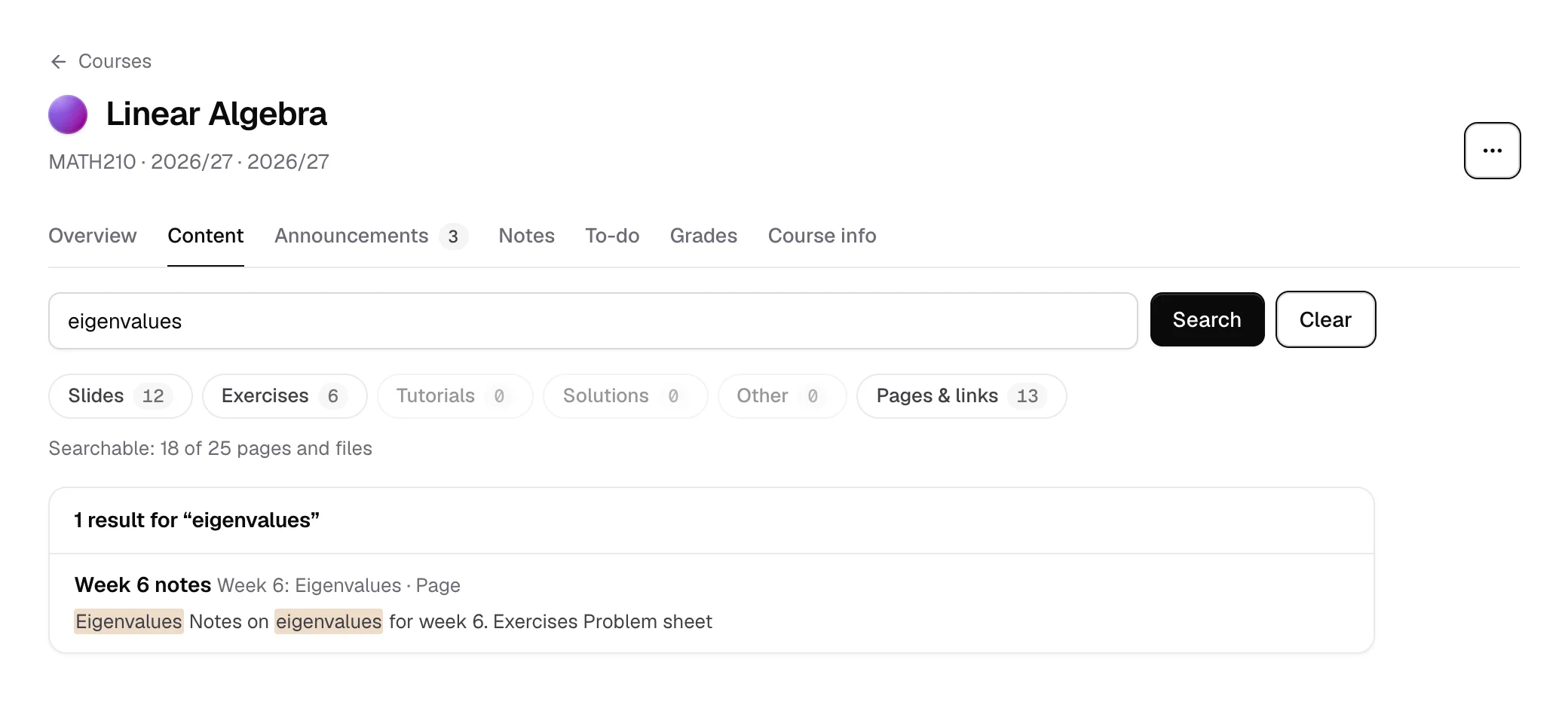 Searching a course's content for eigenvalues finds the words inside its pages and files, with the matches highlighted.